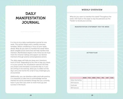 Manifestation Cards guided journal layout with daily practice sections for recording intentions, goals, and manifestation progress.