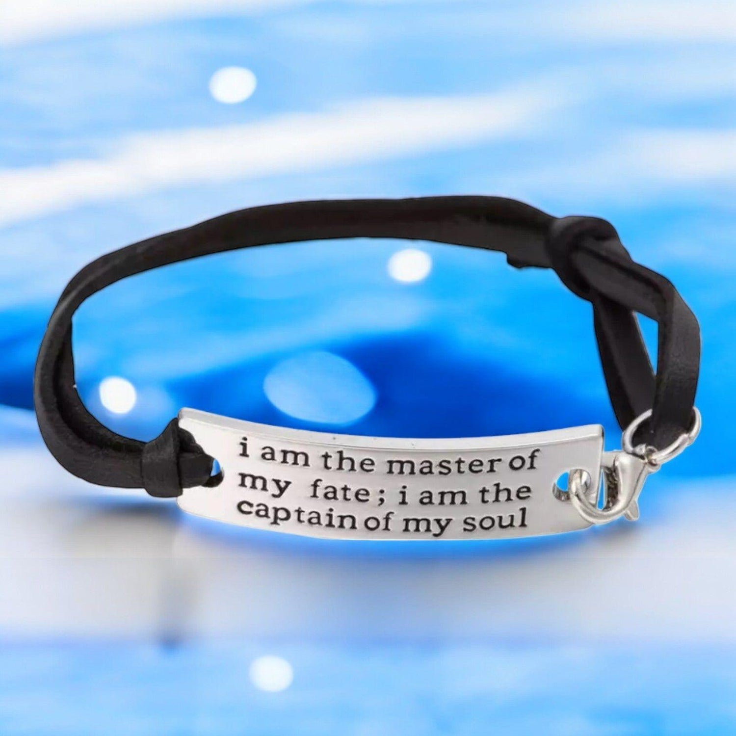 I Am the Master &amp; Captain Inspirational Bracelet – Adjustable Faux Leather, Plated Bar with Engraved Quote