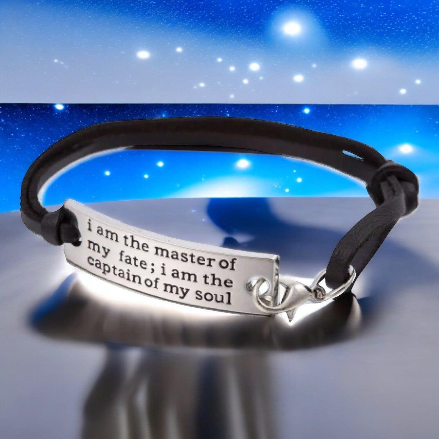 I Am the Master &amp; Captain Inspirational Bracelet – Adjustable Faux Leather, Plated Bar with Engraved Quote
