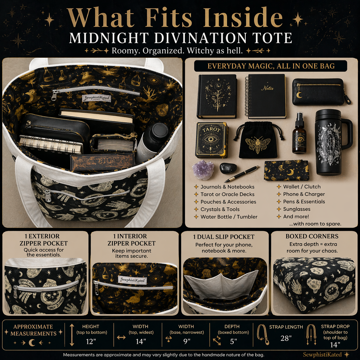 Midnight Divination Tote Bag – Handmade Witchy Bag with Multiple Pockets &amp; Mystic Print