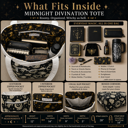 Midnight Divination Tote Bag – Handmade Witchy Bag with Multiple Pockets &amp; Mystic Print