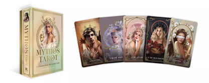 Mythos Tarot deck displayed with its box and several cards featuring artistic illustrations of feminine figures from Greek mythology.