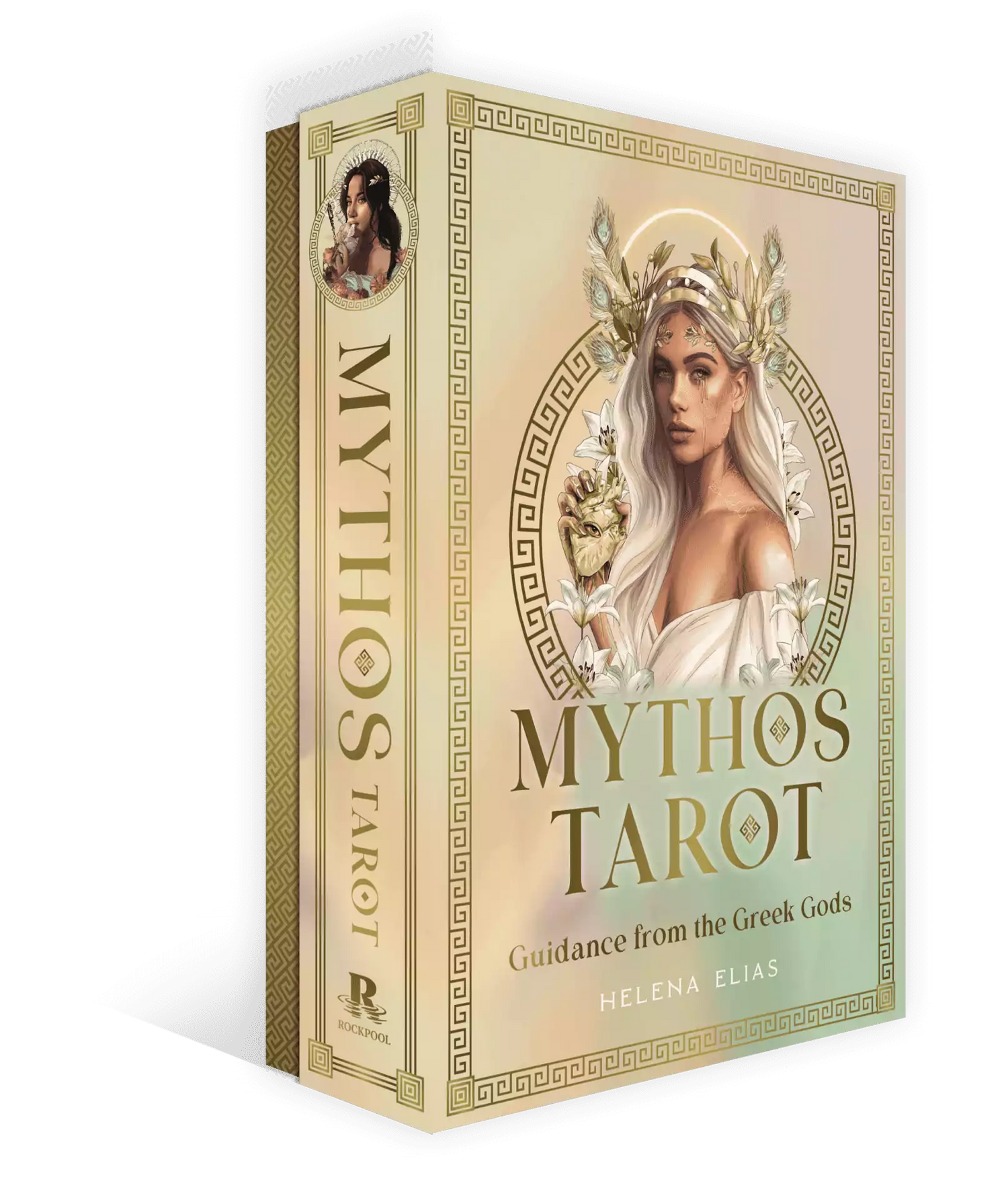 Mythos Tarot box cover with title and subtitle Guidance from the Greek Gods, decorated with a woman among flowers and classical symbols.