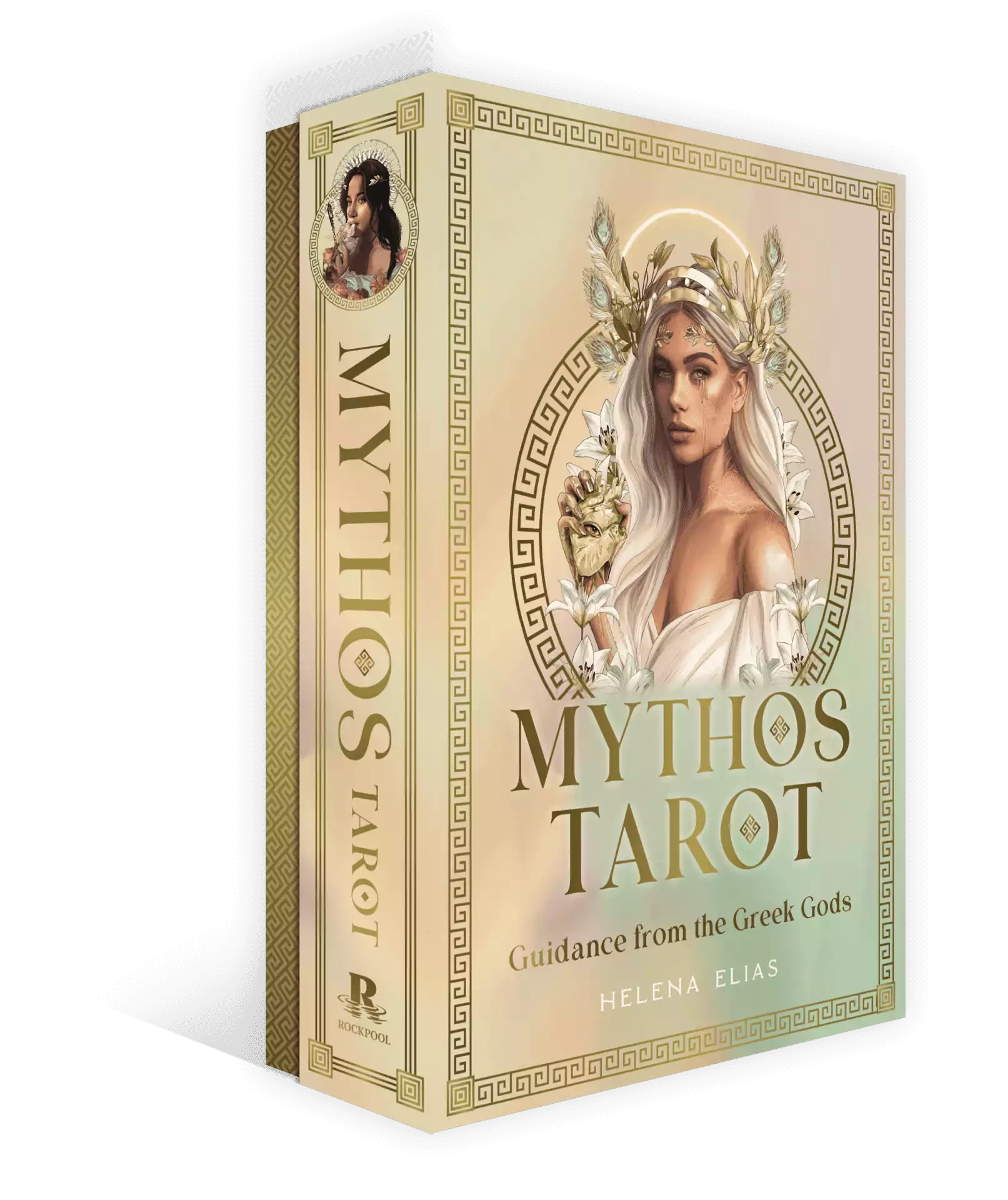 Mythos Tarot box cover with title and subtitle Guidance from the Greek Gods, decorated with a woman among flowers and classical symbols.