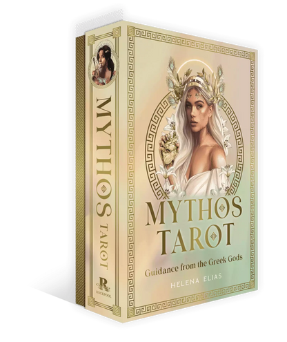 Mythos Tarot box cover with title and subtitle Guidance from the Greek Gods, decorated with a woman among flowers and classical symbols.