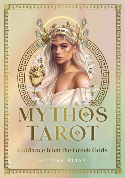 Mythos Tarot card featuring a woman with leafy crown gazing serenely, surrounded by flowers and Greek mythological symbols on the title card.
