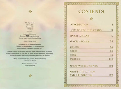 Mythos Tarot guidebook table of contents page listing Introduction, How to Use the Cards, and themed sections on a soft pastel background.