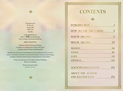 Mythos Tarot guidebook table of contents page listing Introduction, How to Use the Cards, and themed sections on a soft pastel background.