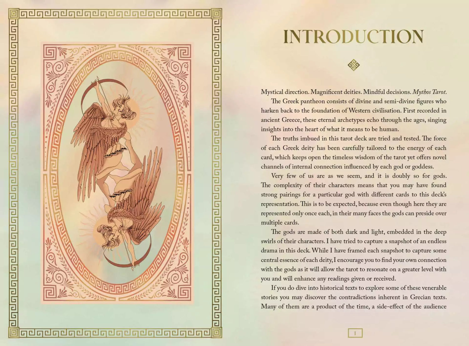 Mythos Tarot guidebook decorative illustration page featuring two winged figures holding a scroll with an ornate border and introduction text.