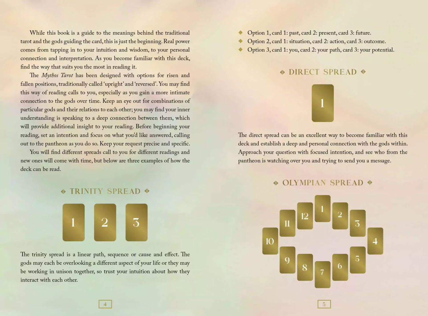 Mythos Tarot guidebook page showing tarot spread diagrams and reading layouts with numbered positions on a pale gradient background.