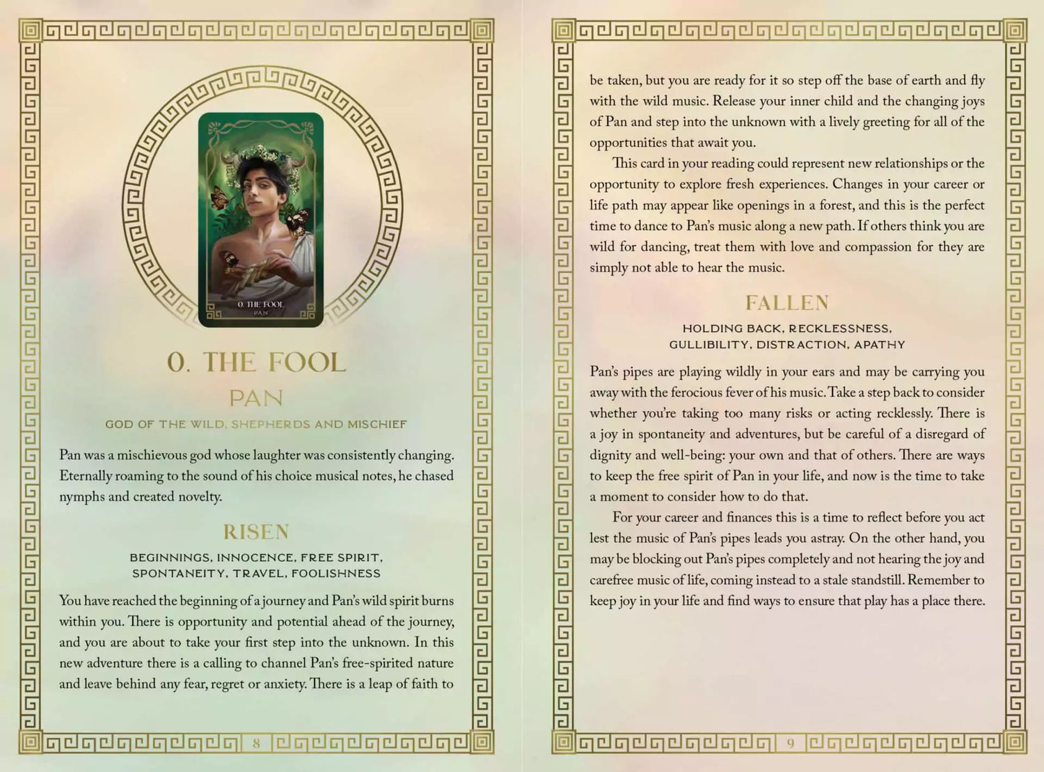 Mythos Tarot O The Fool card featuring a portrait of a woman surrounded by ornate decorative borders and poetic descriptive text.