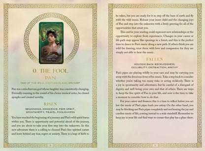 Mythos Tarot O The Fool card featuring a portrait of a woman surrounded by ornate decorative borders and poetic descriptive text.