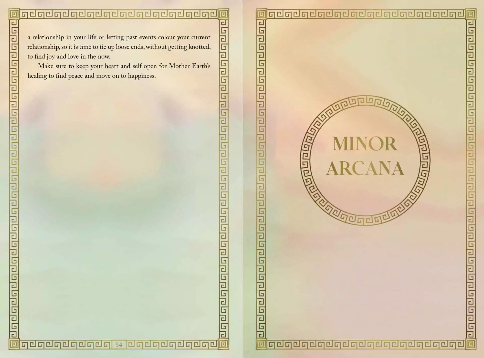 Mythos Tarot guidebook spread showing Minor Arcana header page with decorative border and instructional text on soft pastel background.