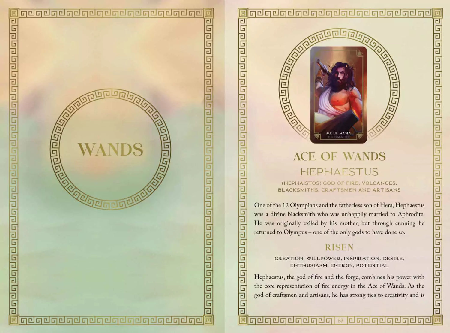 Mythos Tarot Ace of Wands card featuring a vibrant figure holding a wand with ornate borders and descriptive text about the card&