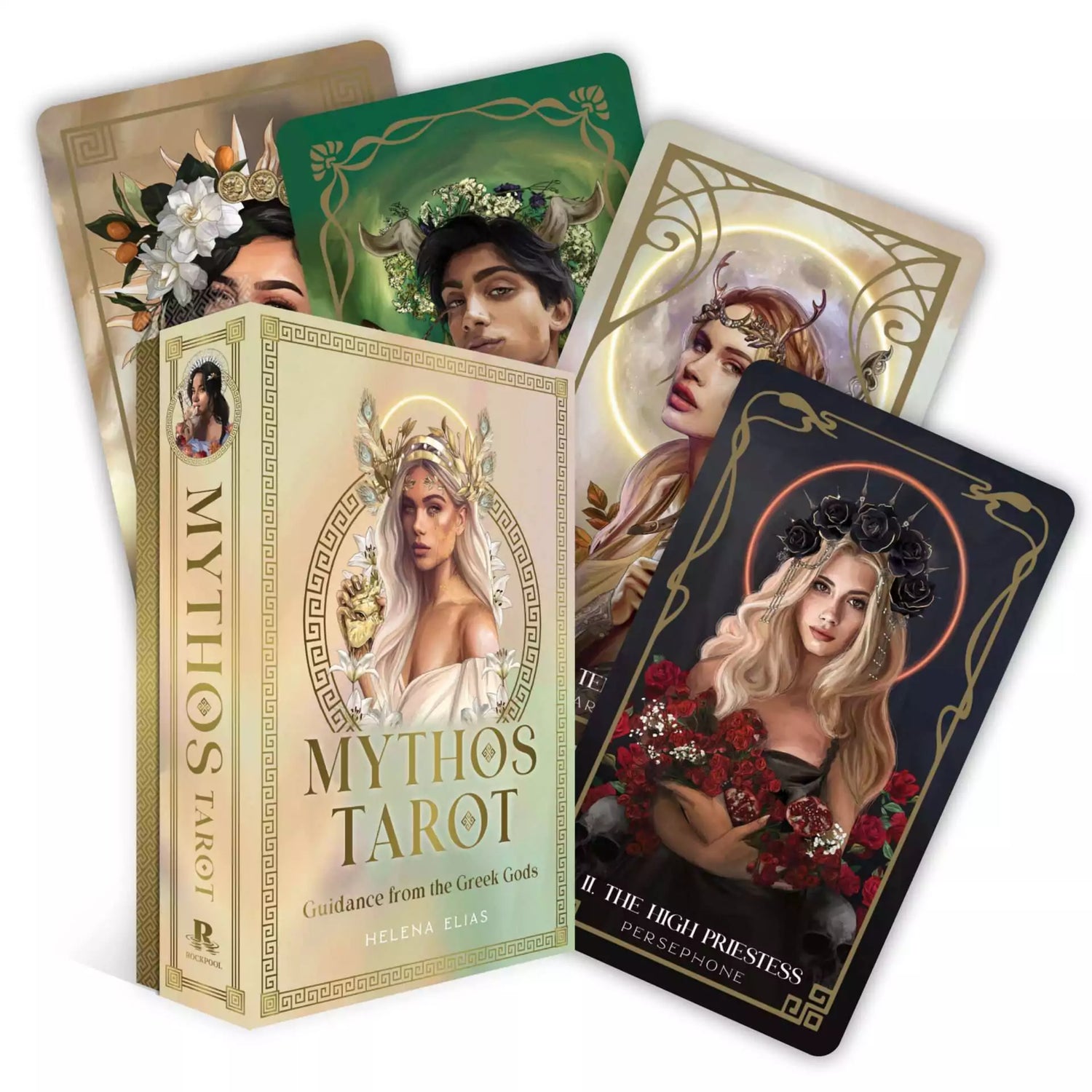 Mythos Tarot box and multiple cards spread out showing Greek mythology-inspired illustrated figures in soft pastel colors by Helena Elias.