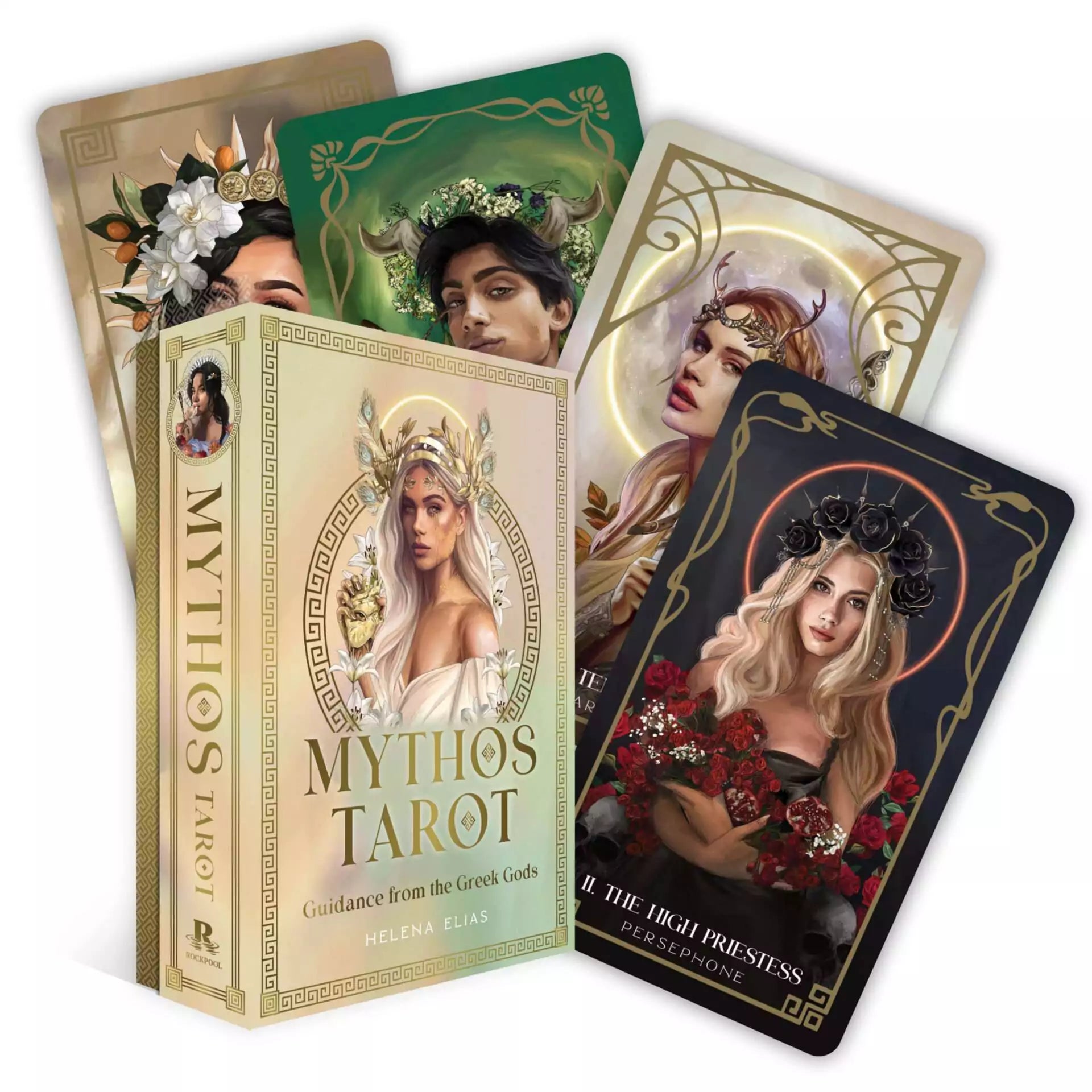Mythos Tarot box and multiple cards spread out showing Greek mythology-inspired illustrated figures in soft pastel colors by Helena Elias.
