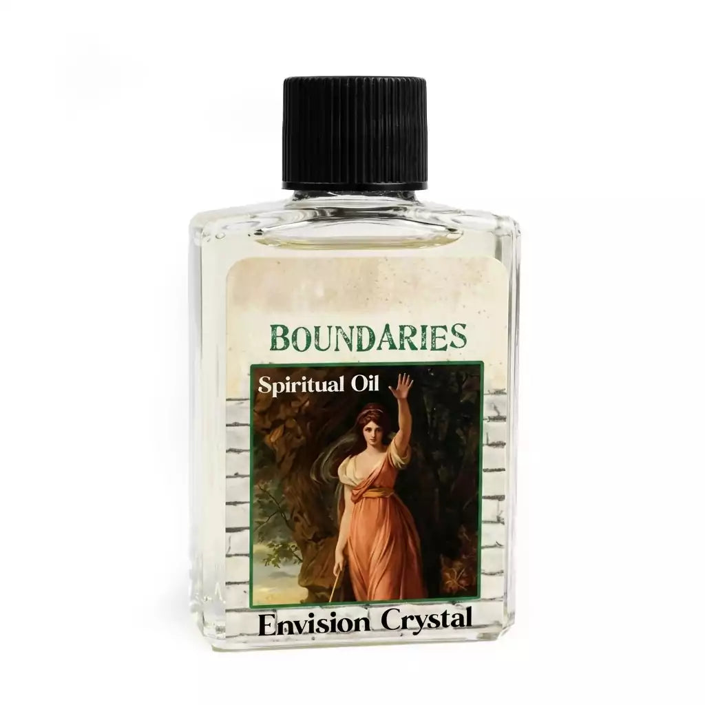 Clear 4-dram bottle of Envision Crystal Boundaries ritual oil for establishing spiritual protection, energetic shielding, and personal boundary anointing workings.