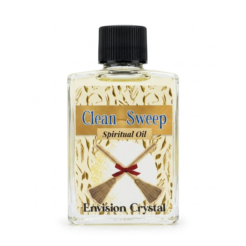 Clear 4-dram bottle of Envision Crystal Clean Sweep ritual oil for purification, space clearing, and energetic reset anointing workings.