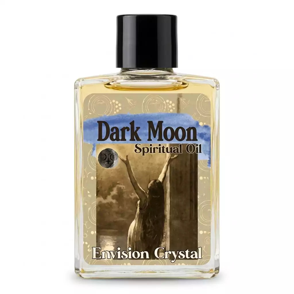 Clear 4-dram bottle of Envision Crystal Dark Moon ritual oil with silhouetted figure label, for new moon shadow work and banishing anointing rituals.