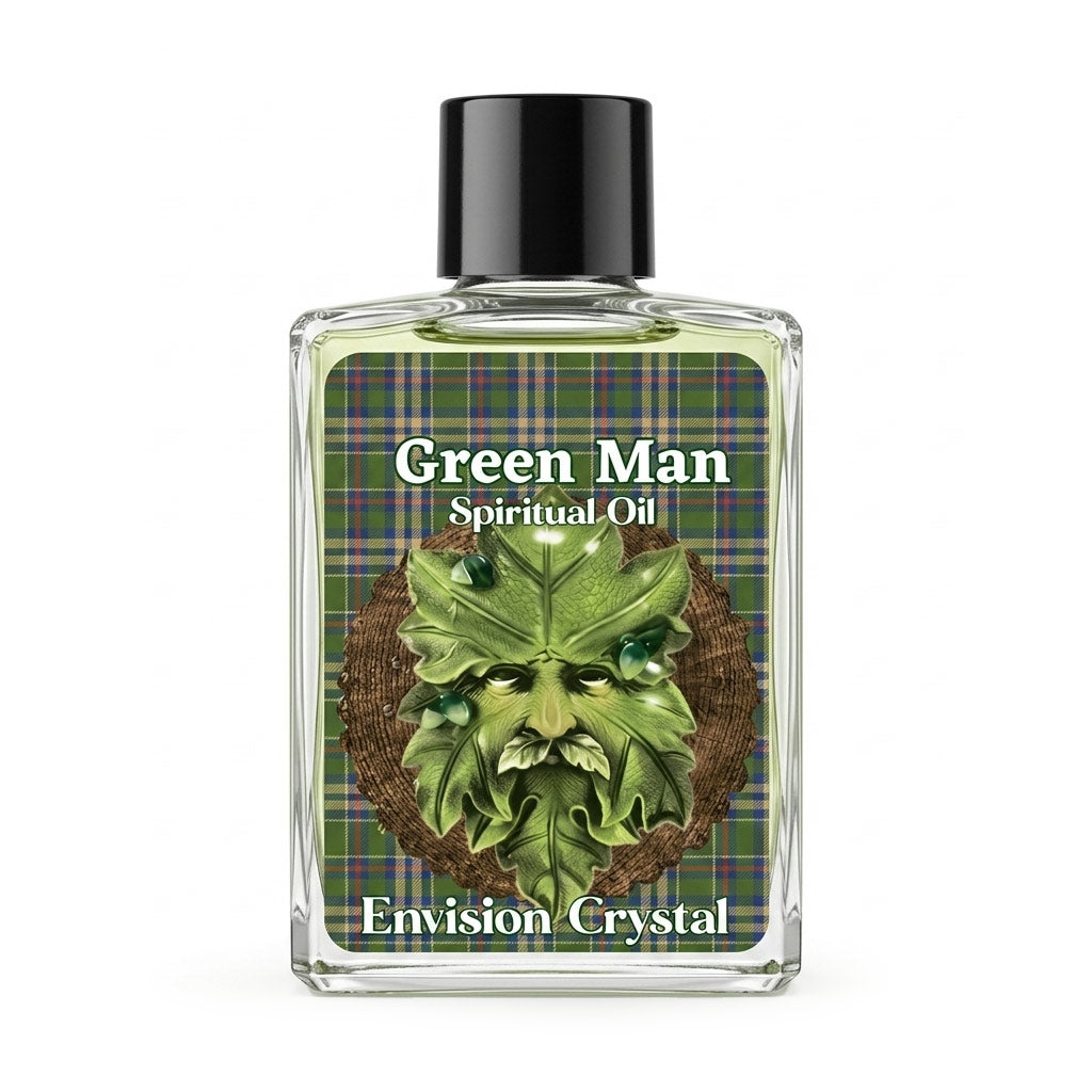 Clear 4-dram bottle of Envision Crystal Green Man anointing oil with label featuring a green face surrounded by leaves, for nature magic and Beltane rituals.
