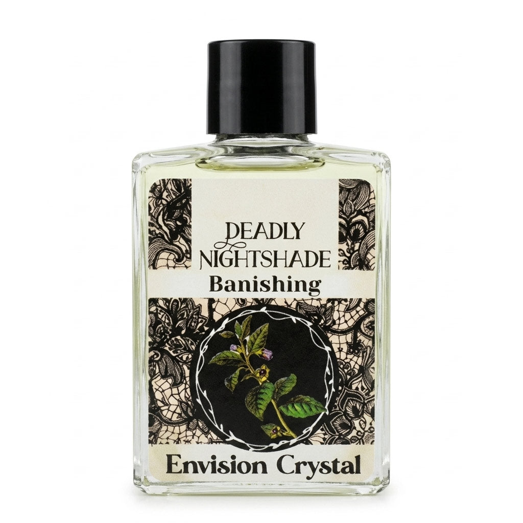 Clear 4-dram bottle of Envision Crystal Nightshade Banishing Oil with black lace detail and botanical nightshade illustration label, for cord-cutting and banishing rituals.