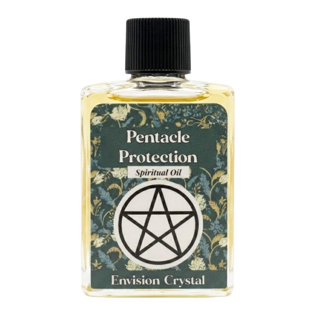 4-dram bottle of Pentacle Protection ritual oil by Envision Crystal with Blessed With Magic label and pentacle decoration — Wiccan protection anointing oil.