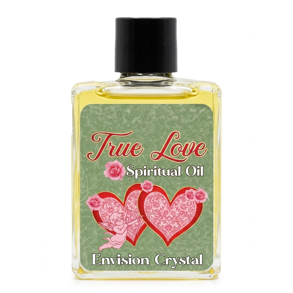Small bottle of True Love spiritual anointing oil with green label adorned with pink hearts and cherubs and black cap by Envision Crystal for love rituals