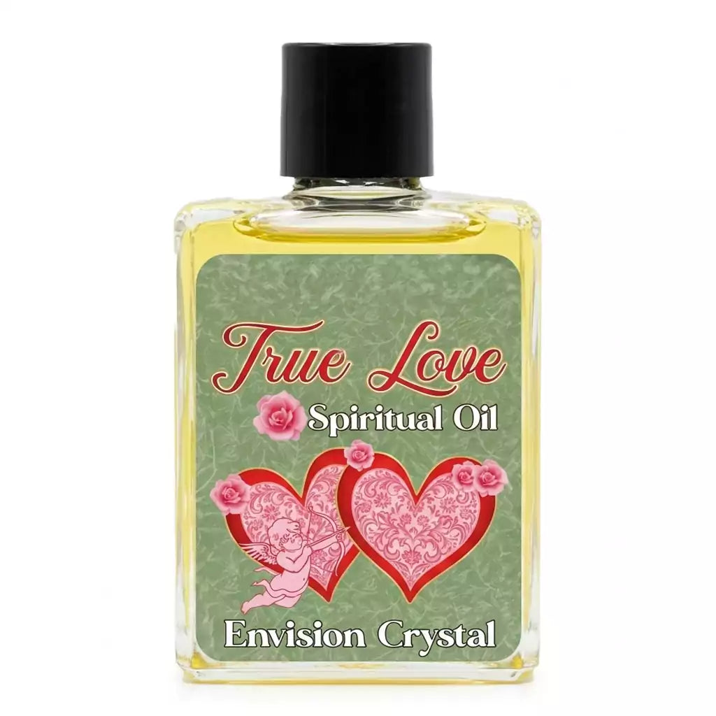 Small bottle of True Love spiritual anointing oil with green label adorned with pink hearts and cherubs and black cap by Envision Crystal for love rituals