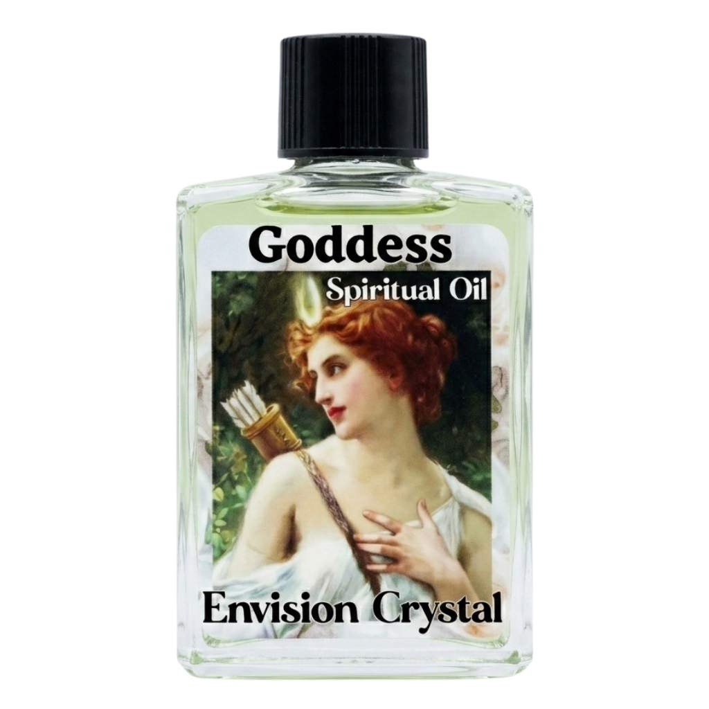 Clear 4-dram bottle of Envision Crystal White Goddess ritual oil with label featuring an archer goddess illustration, for lunar devotion and goddess magic anointing.