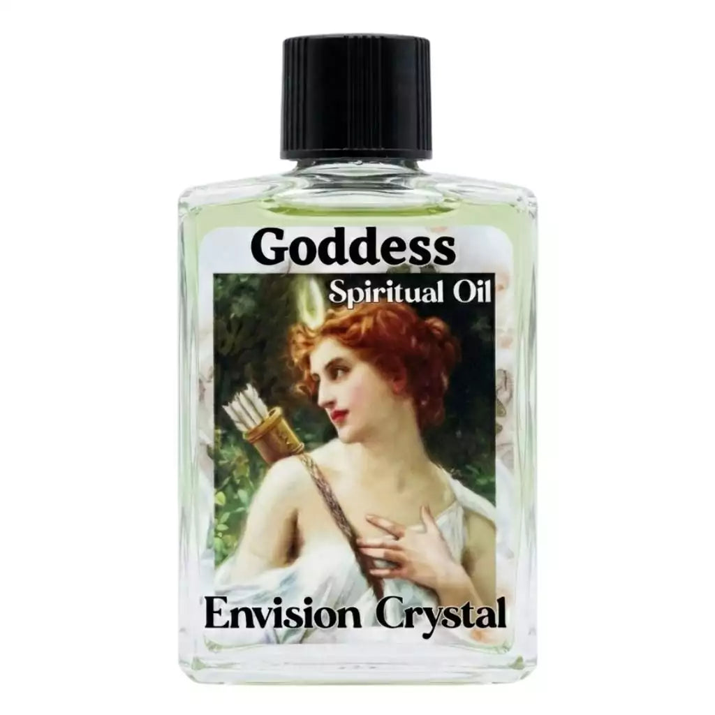 Clear 4-dram bottle of Envision Crystal White Goddess ritual oil with label featuring an archer goddess illustration, for lunar devotion and goddess magic anointing.