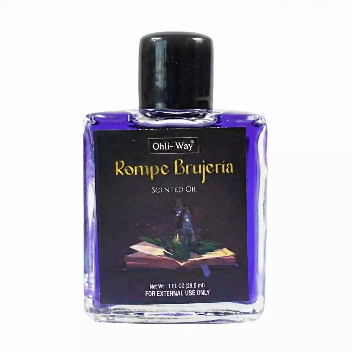 Rompe Brujeria hex breaker ritual oil 1 oz — small glass bottle of purple scented oil labeled Rompe Brujeria with the Ohli~Way brand for curse breaking.