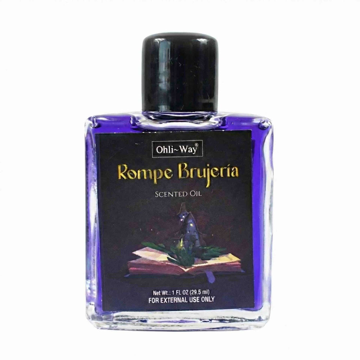 Rompe Brujeria hex breaker ritual oil 1 oz — small glass bottle of purple scented oil labeled Rompe Brujeria with the Ohli~Way brand for curse breaking.