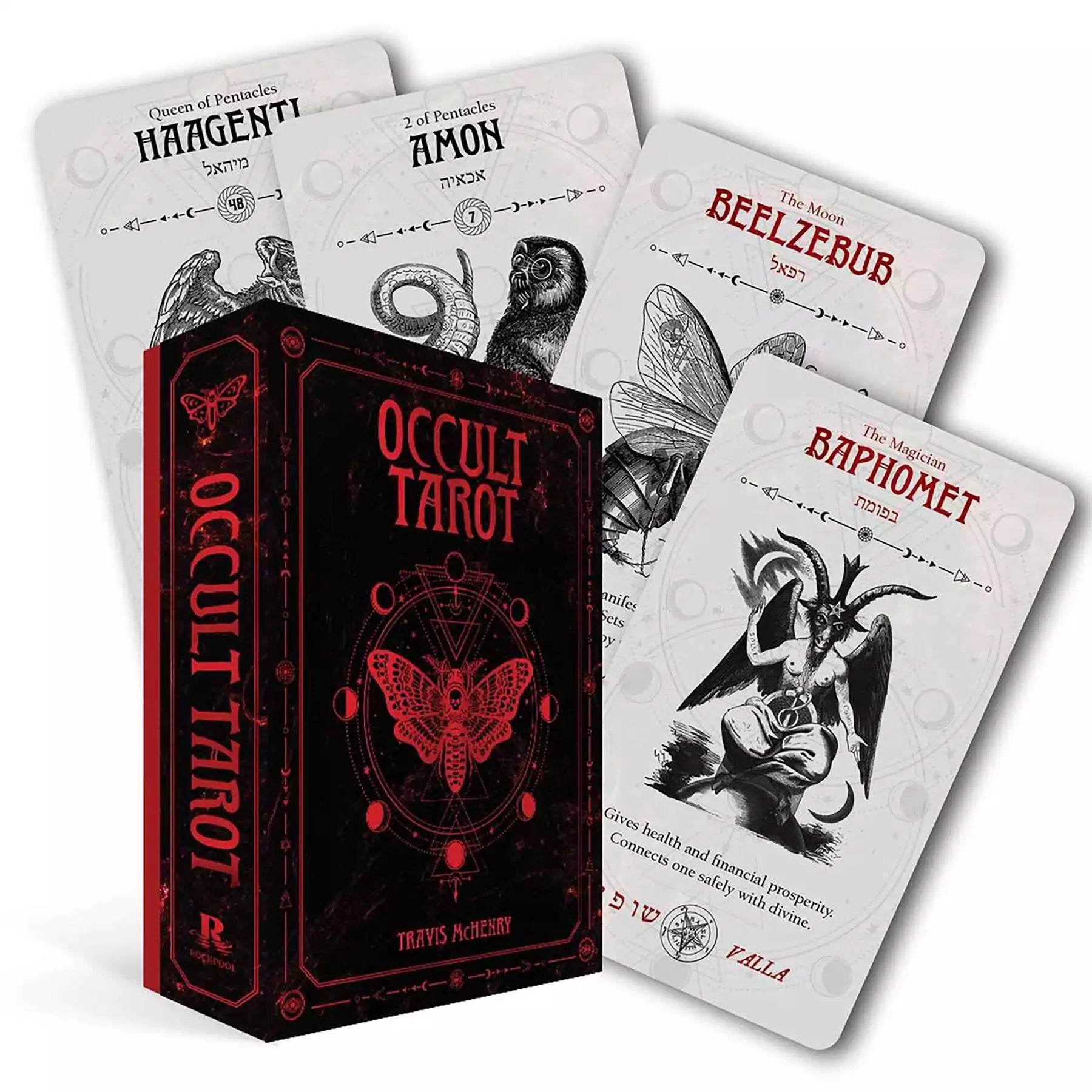 Occult Tarot deck cards fanned out showing dark Goetic demon illustrations, Travis McHenry 78-card tarot deck combining classical tarot with demonic occult symbolism.