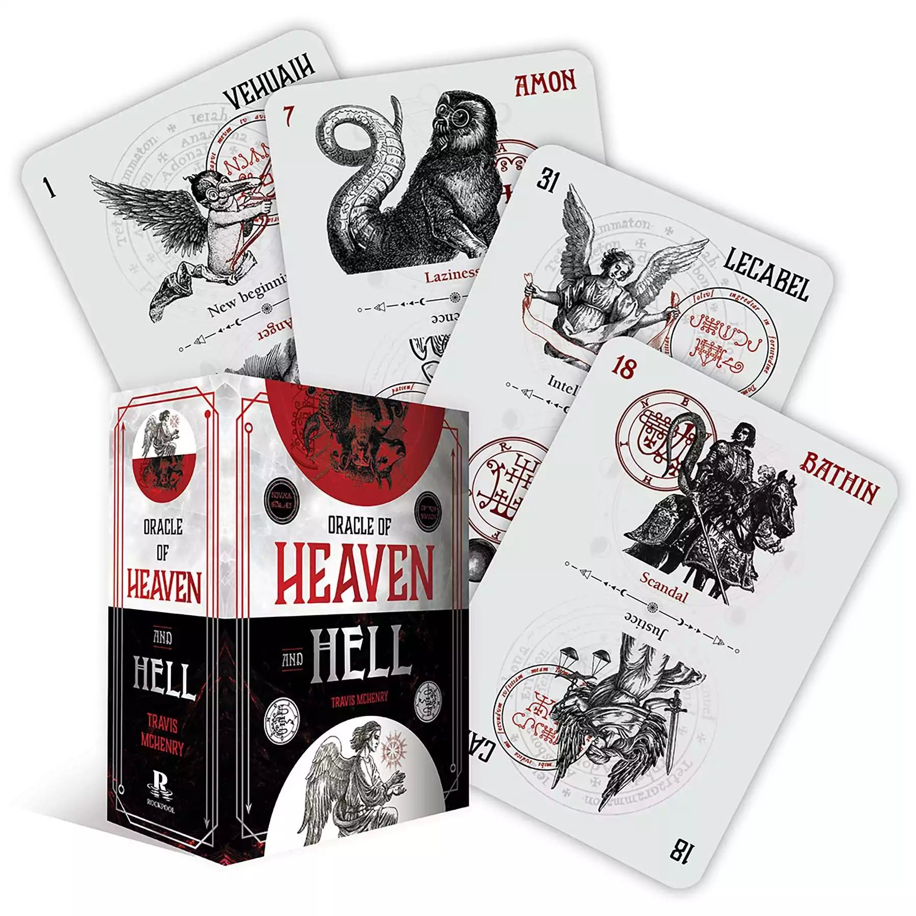 Oracle of Heaven and Hell deck with illustrated character cards featuring divine and mythological figures, Stacey Demarco 72-card deity oracle deck with box.