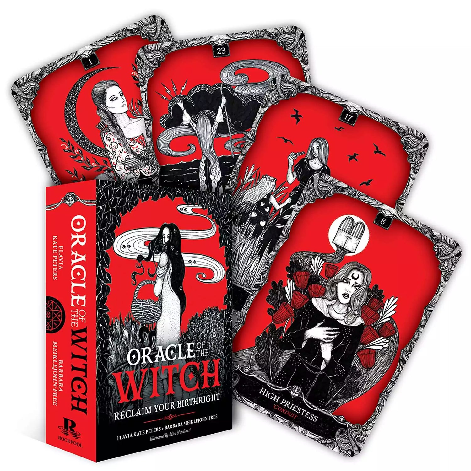 Oracle of the Witch deck cards fanned out showing mystical witch-themed illustrated cards, Peters and Meiklejohn-Free 44-card witch oracle deck with box.
