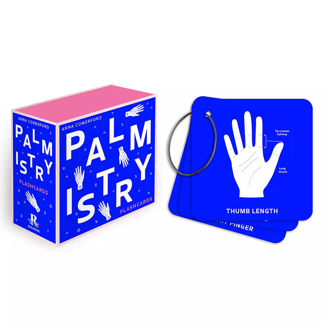 Palmistry Flashcards by Anna Comerford showing colorful illustrated hand diagrams and reading guide cards alongside the box, 50-card palmistry learning set.