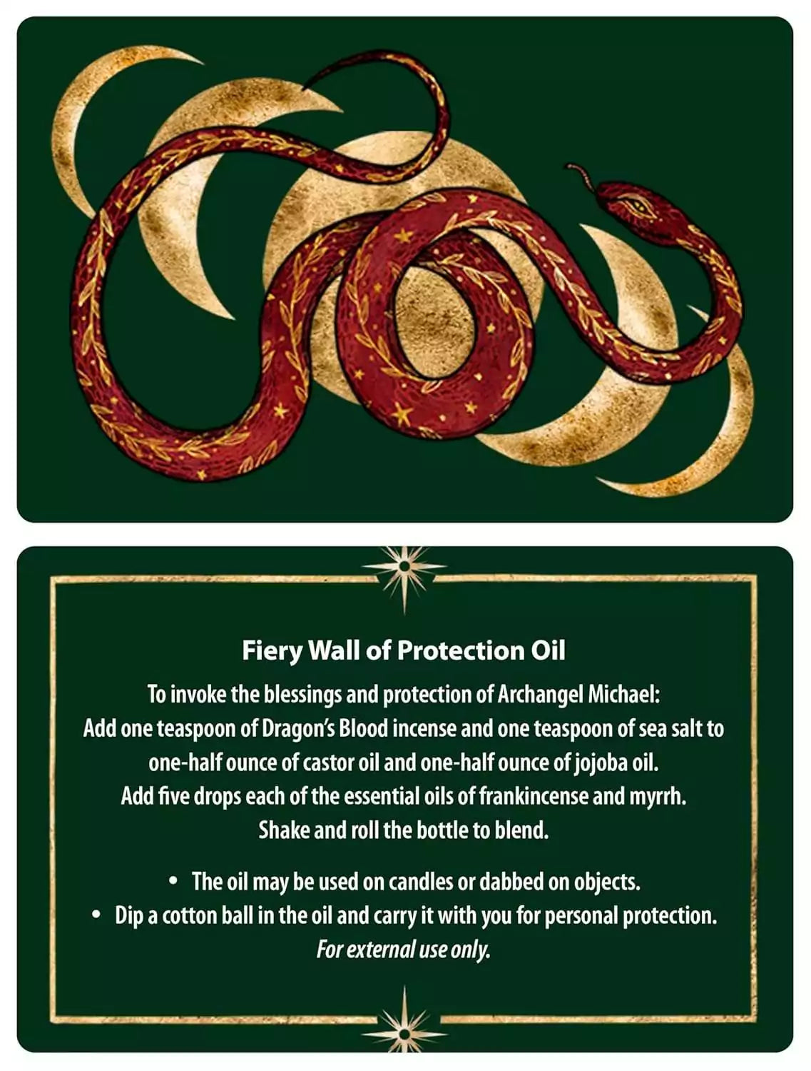 Protection Spells card showing a coiled snake with crescent moons and instructions for a banishing or warding ritual.
