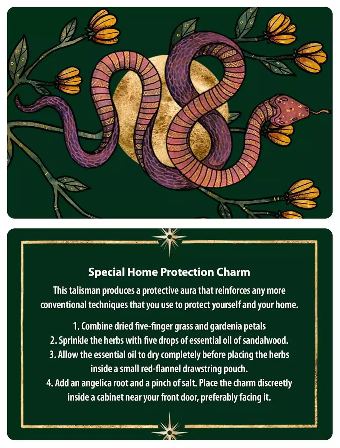 Protection Spells card with a colorful illustration of a snake entwined with flowers alongside instructions for home protection spell.