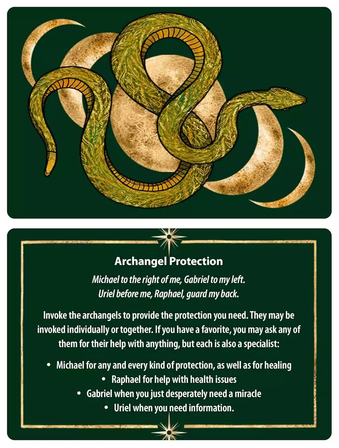 Protection Spells card featuring a green snake coiled around a circular emblem surrounded by crescent moons symbolizing warding.