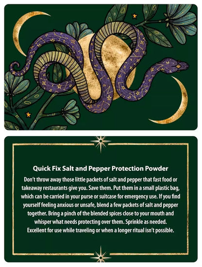 Protection Spells card front showing a purple snake intertwined with green leaves and crescent moons with descriptive text.