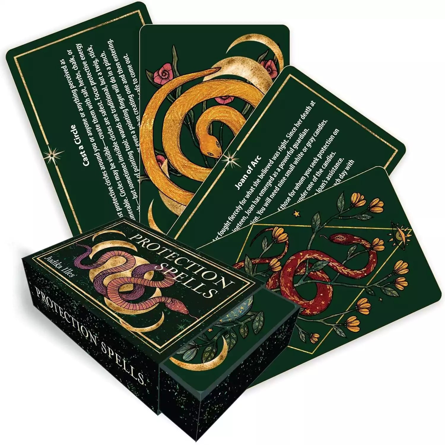 Protection Spells card deck fanned out showing multiple gilded cards with snake and crescent moon designs on a dark background.