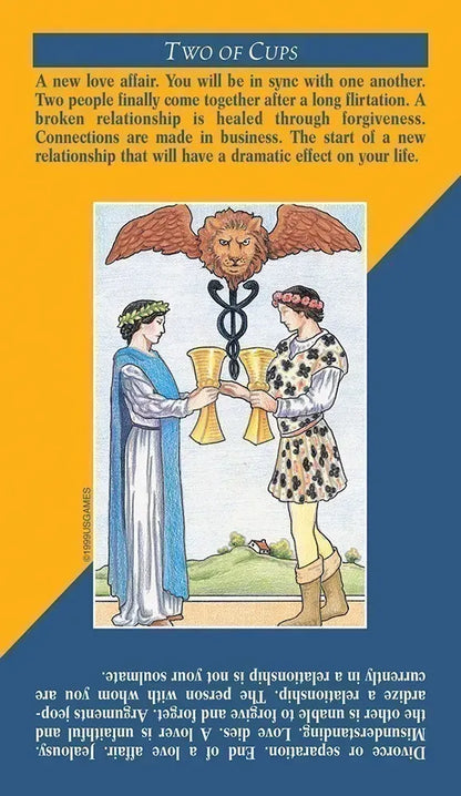 Two of Cups tarot card from the Quick and Easy Tarot Deck — man and woman exchanging chalices with winged lion symbol, showing the card&