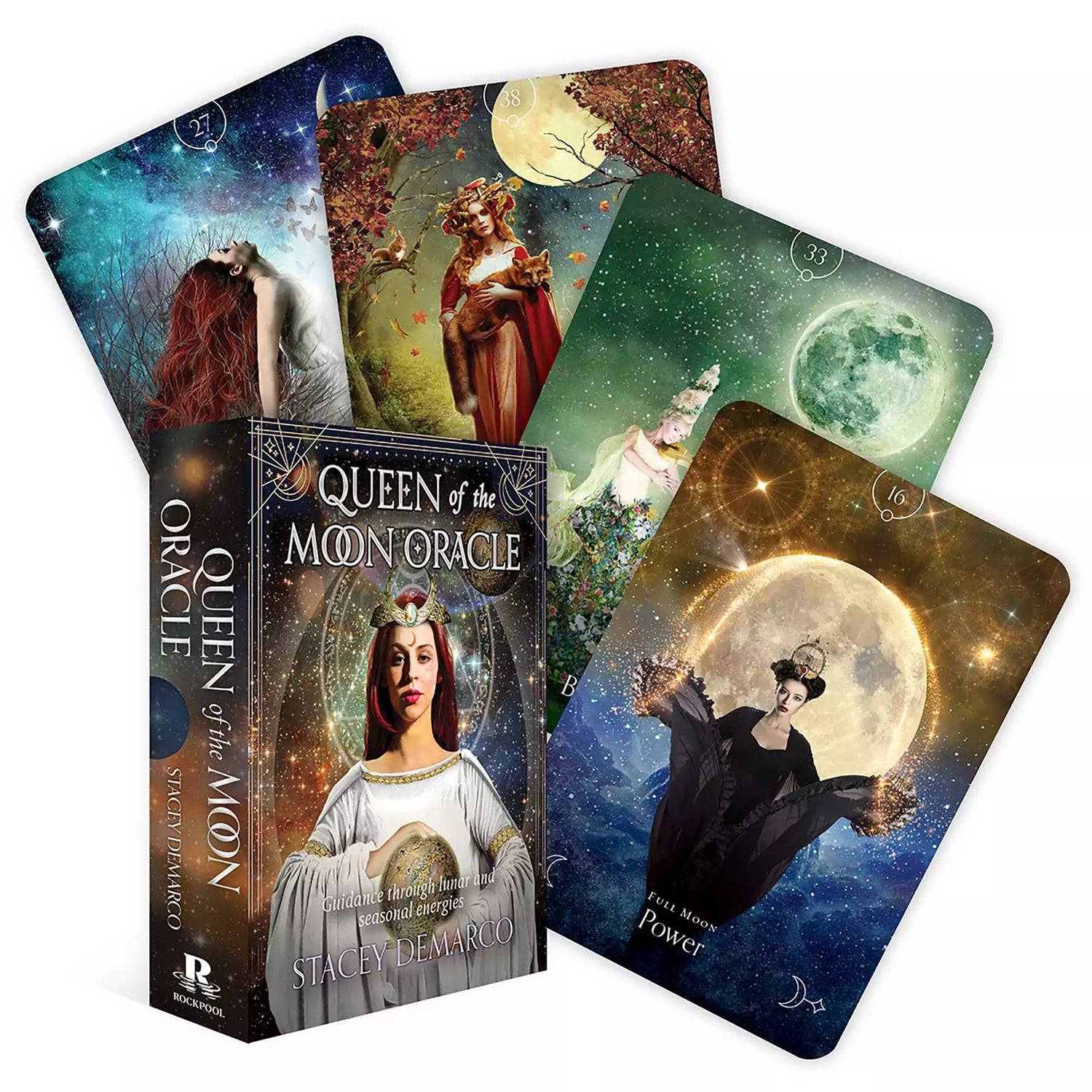 Queen of the Moon Oracle deck set showing multiple illustrated cards with lunar goddesses and moon phase imagery