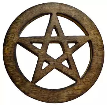 Pentagram Altar Tile 4 inch — carved and stained wooden altar tile with pentagram symbol for ritual focus, crystal charging, and Wiccan altar decoration.