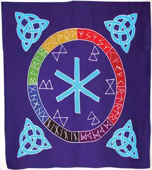 Rune Mother Altar Cloth 36 by 36 inches — Norse goddess Mother of Runes printed altar cloth with healing and luck runes surrounding the divine feminine figure.