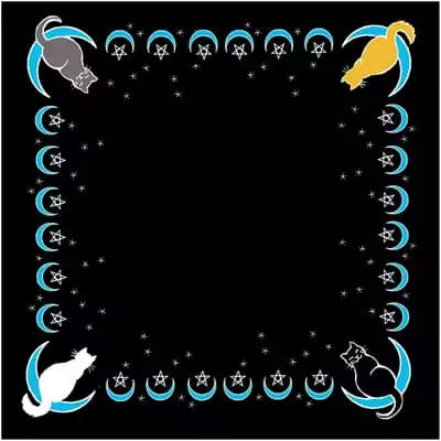 Moon Cat Altar Cloth 36 by 36 inches — colorful witchy altar cloth featuring cats perched on crescent moons with stars, usable as altar base, ceremonial scarf, or wall hanging.