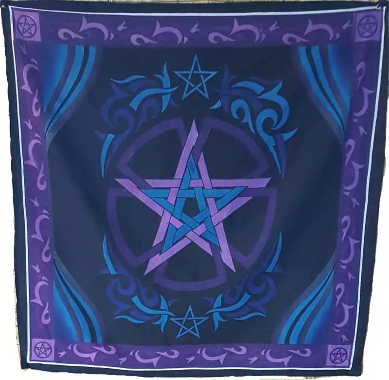 Pentagram altar cloth 36×36 inches — black ritual cloth with white pentagram and circle design for Wiccan altar coverings and tarot reading surfaces.