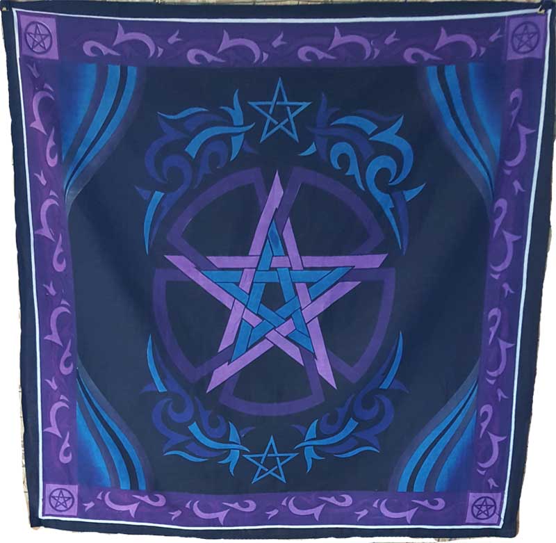 Pentagram altar cloth 36×36 inches — black ritual cloth with white pentagram and circle design for Wiccan altar coverings and tarot reading surfaces.