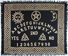 Ouija Board Altar Cloth 24 by 30 inches — printed divination mat with letters, numbers, and directional indicators for pendulum work, spirit communication, and dowsing practice.