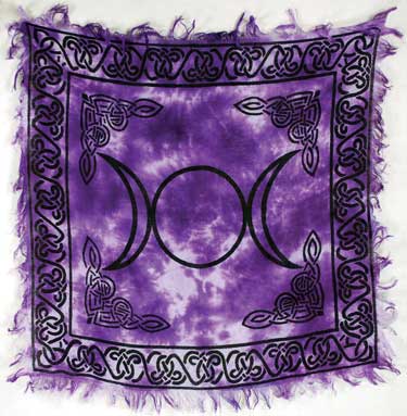 Triple Moon Altar Cloth – 18″ x 18″ Violet Tie-Dye with Celtic Knot Border